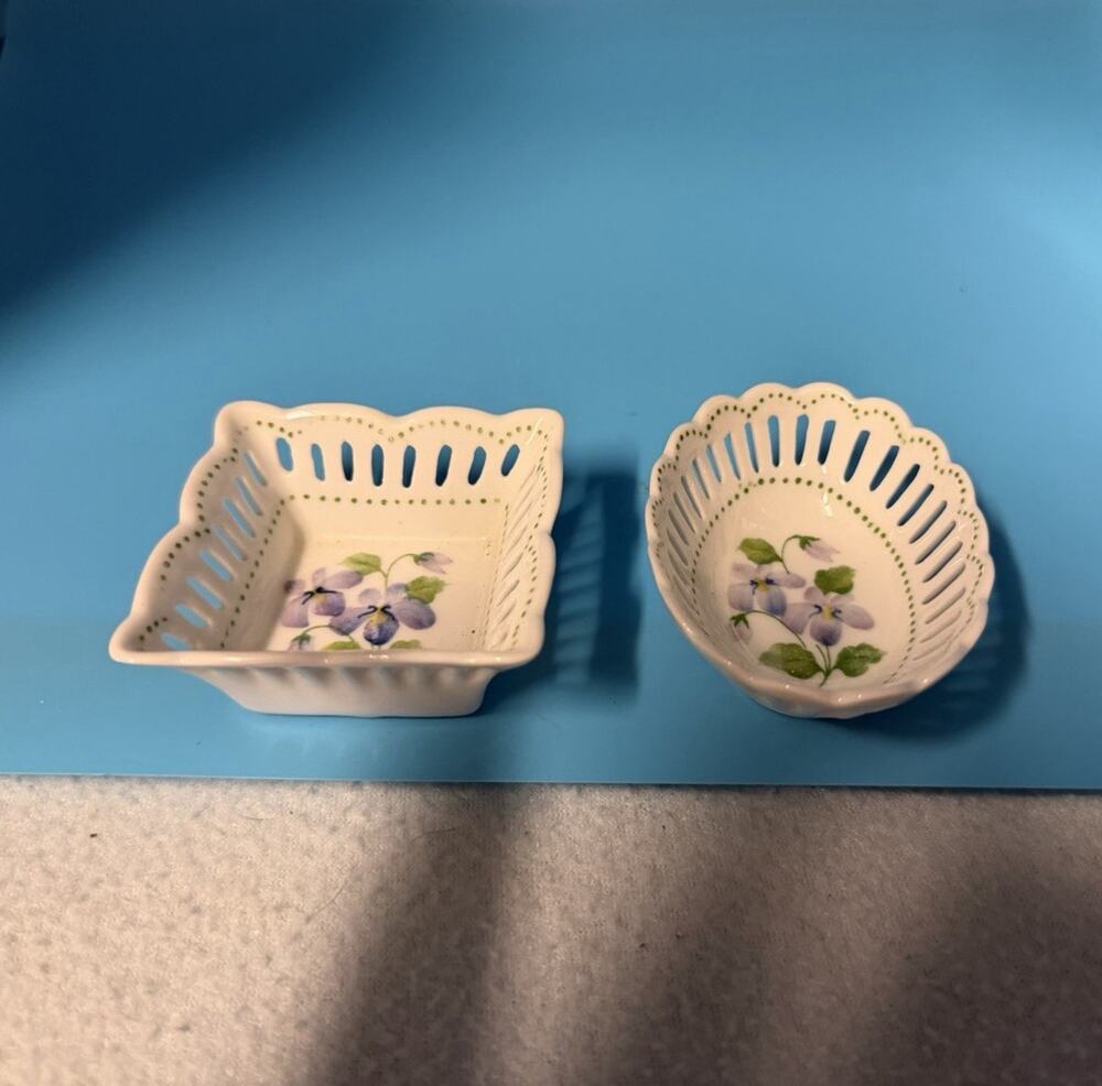 Vintage Sadek Andrea Ceramic Floral Dish Set of 2 White Purple Green for jewelry